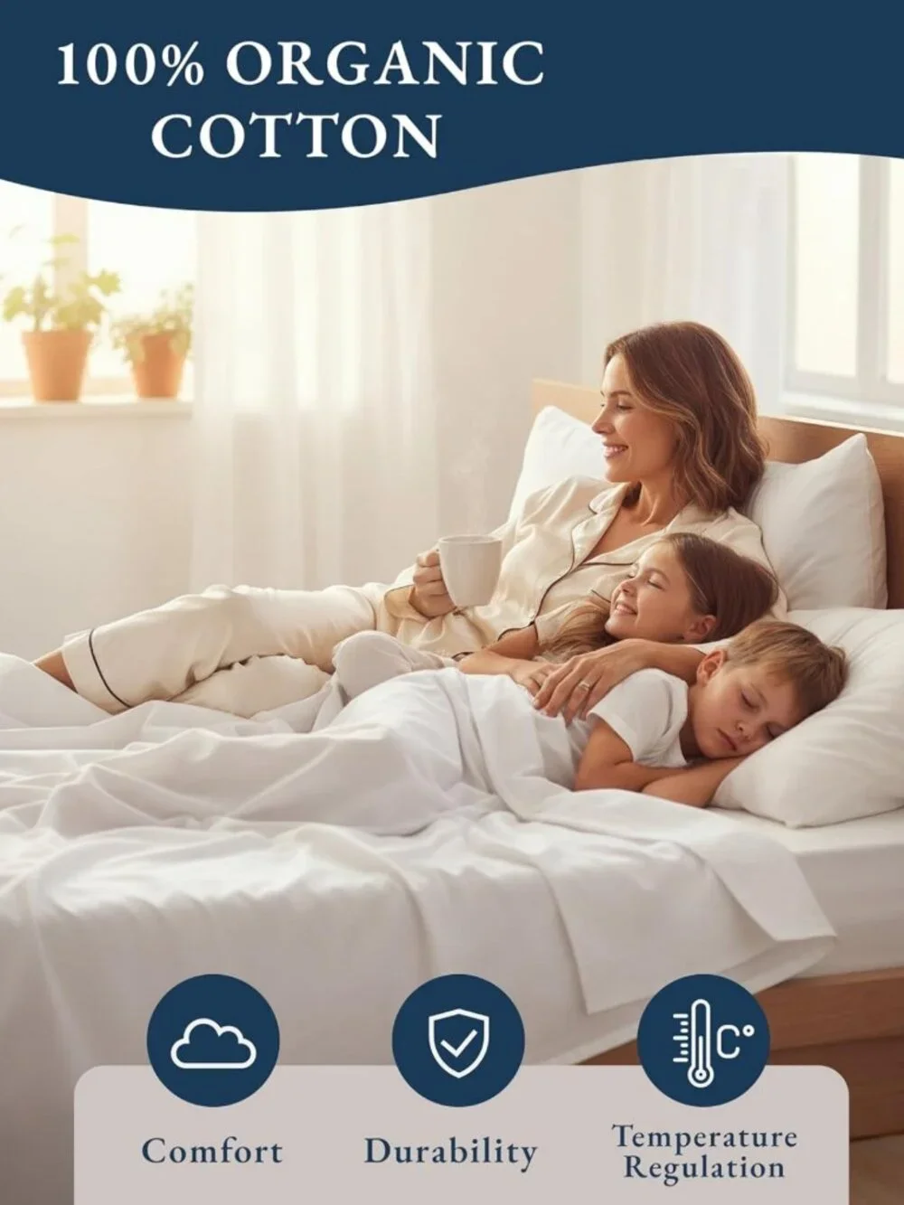 Queen Size 4pc Organic Cotton Linen Sheets Set - Cooling Percale, White